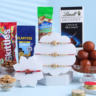 Designer Rakhi Trio N Kid Rakhi With Treats Hamper-Canada