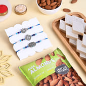 Designer Rakhi Trio Set With Kaju Katli N Almonds