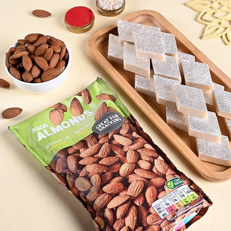 Designer Rakhi Trio Set With Kaju Katli N Almonds