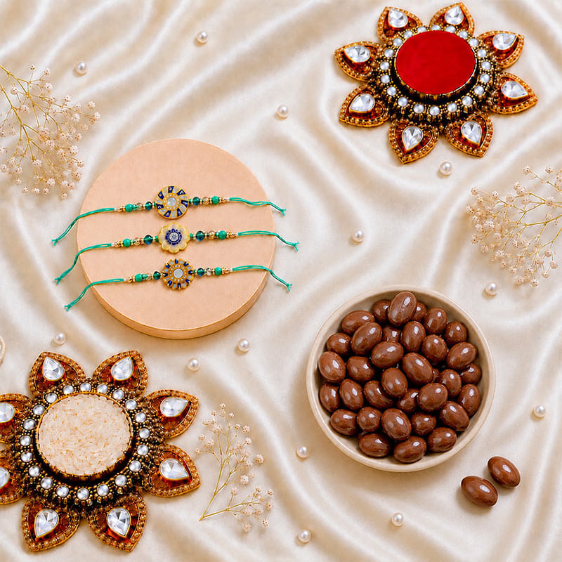 Designer Rakhi Trio With Chocolate Almonds