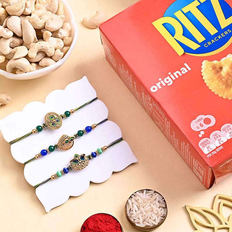 Designer Rakhi Trio With Festive Munchies