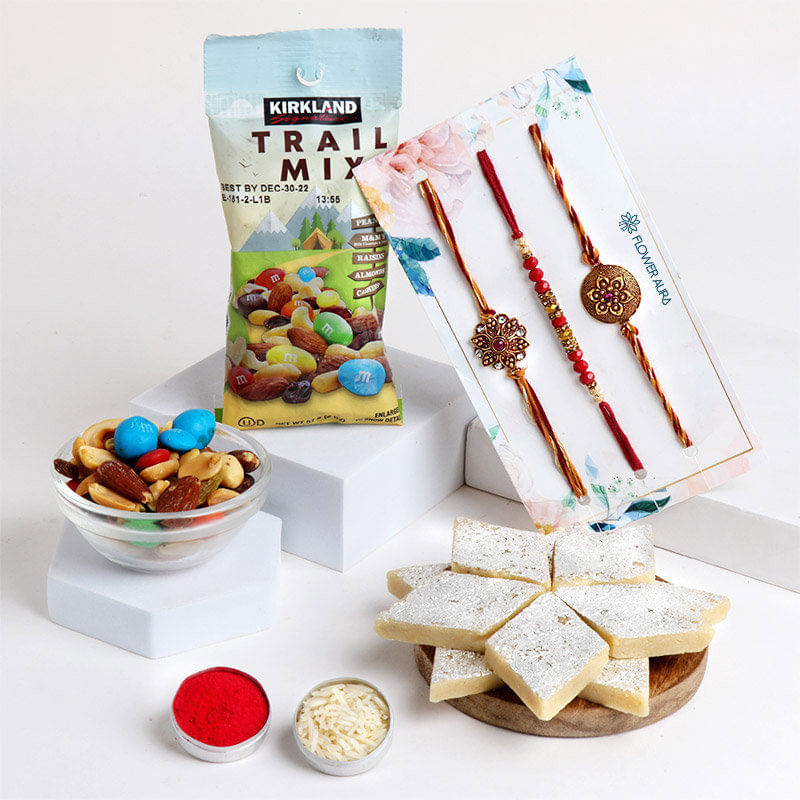 Send Set of 3 Designer Rakhi With Kaju Katli and Trail Mix in Canada