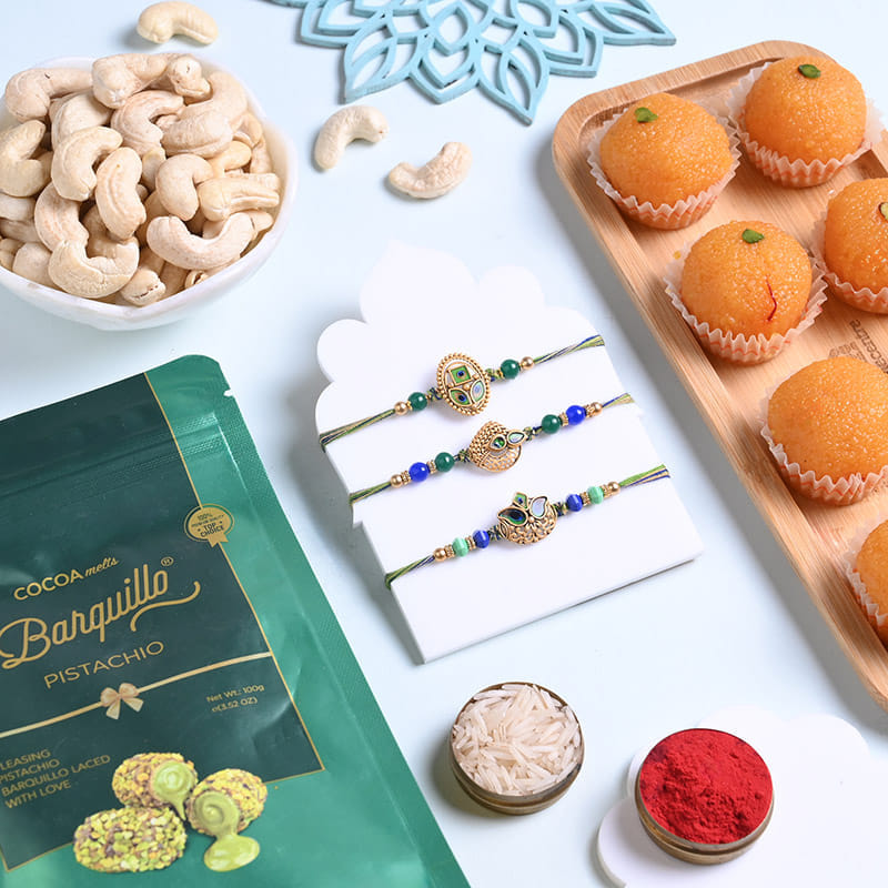 Designer Rakhi Trio With Nuts N Sweets