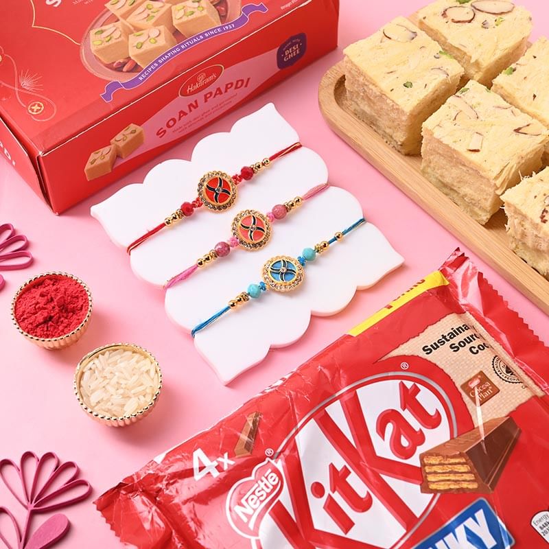 Set of 3 Designer Rakhi With Soan Papdi and 4 Kitkat Chocolate