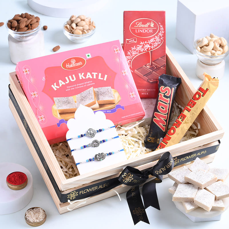 Designer Rakhi Trio With Sweets N Chocolates-AUS