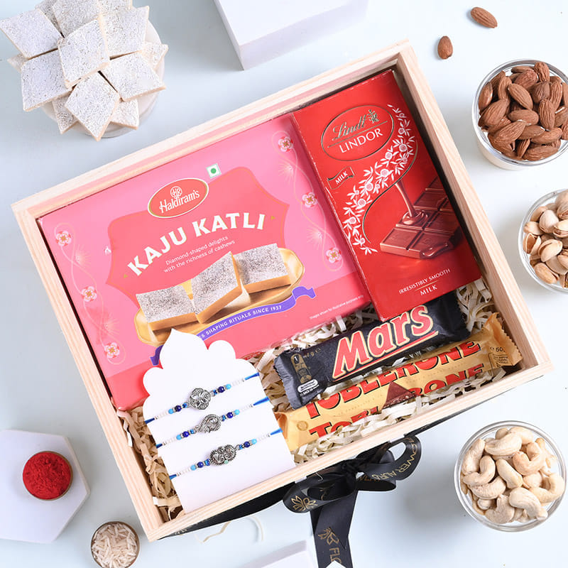 Designer Rakhi Trio With Sweets N Chocolates-AUS