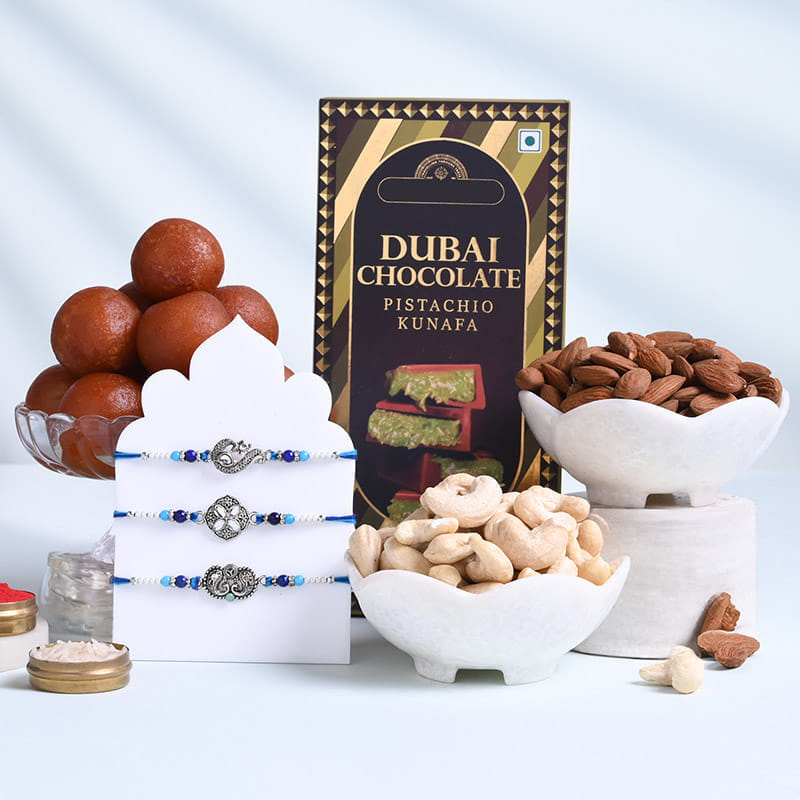 Designer Rakhi Trio With Sweets N Nuts