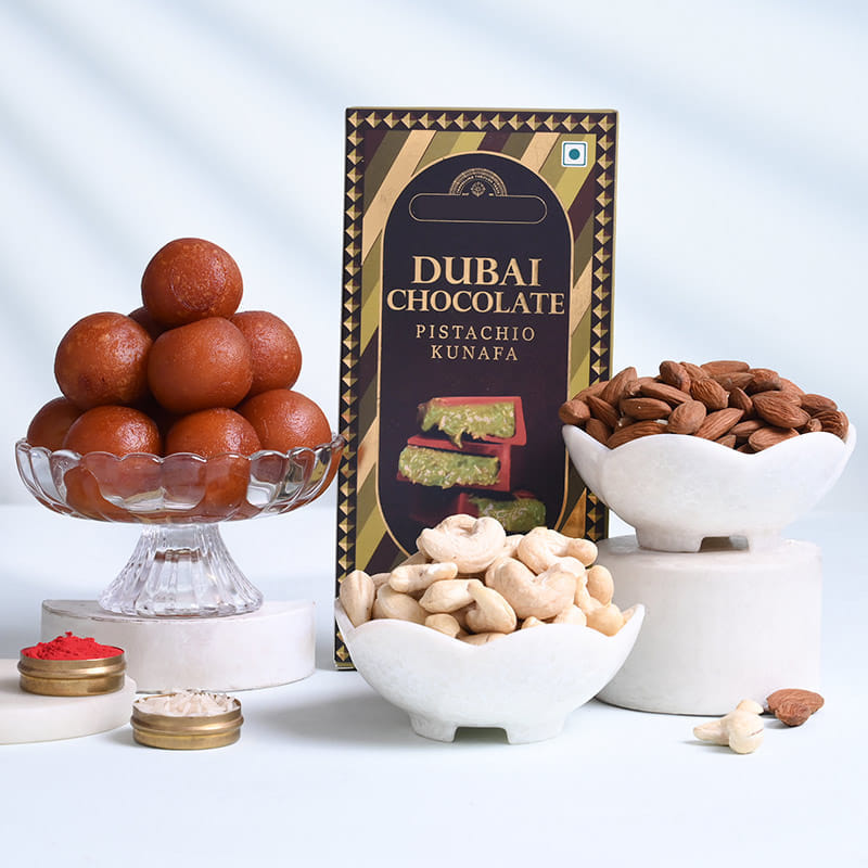 Designer Rakhi Trio With Sweets N Nuts