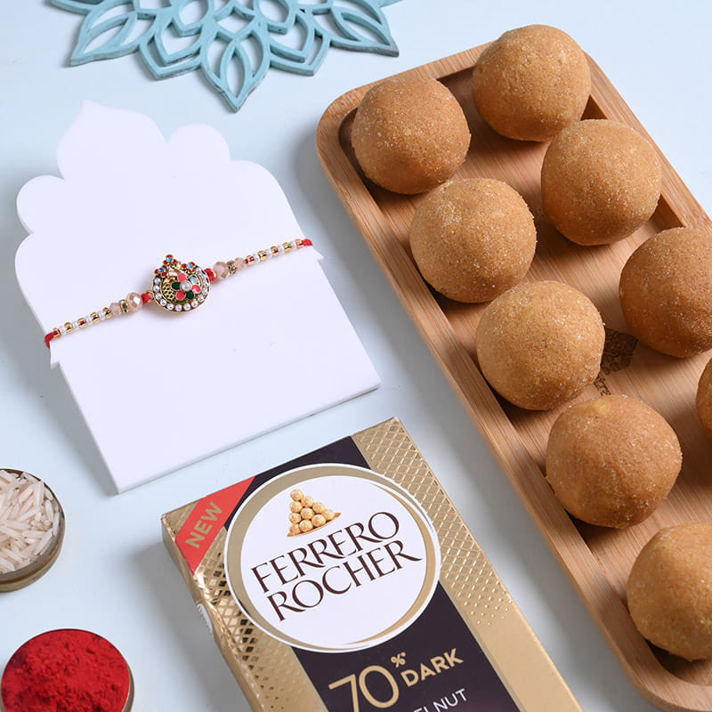 Designer Rakhi With Besan Ladoos N Chocolate