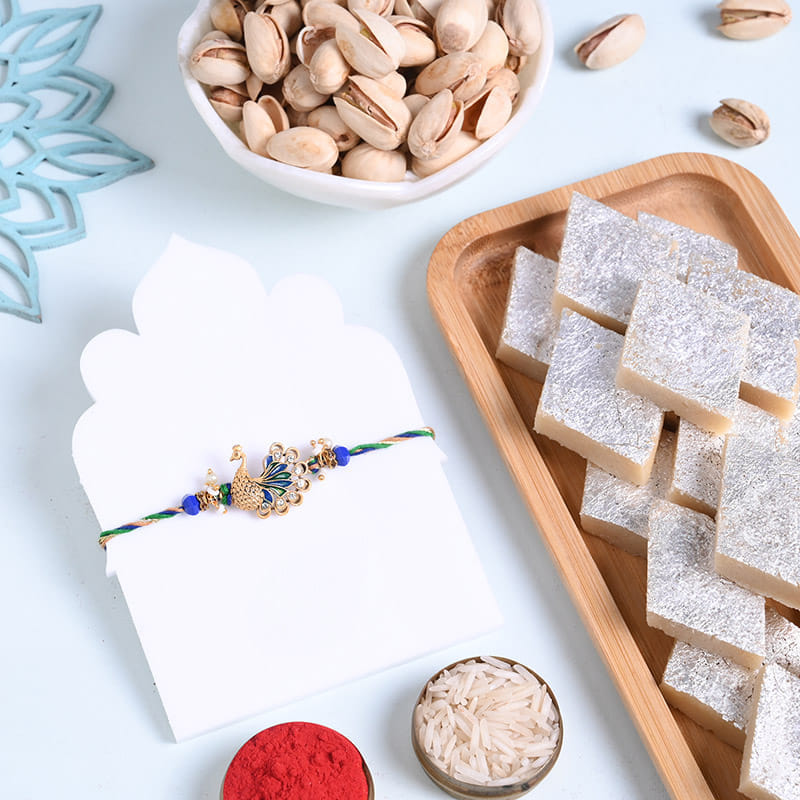 Designer Rakhi With Kaju Katli N Pistachios