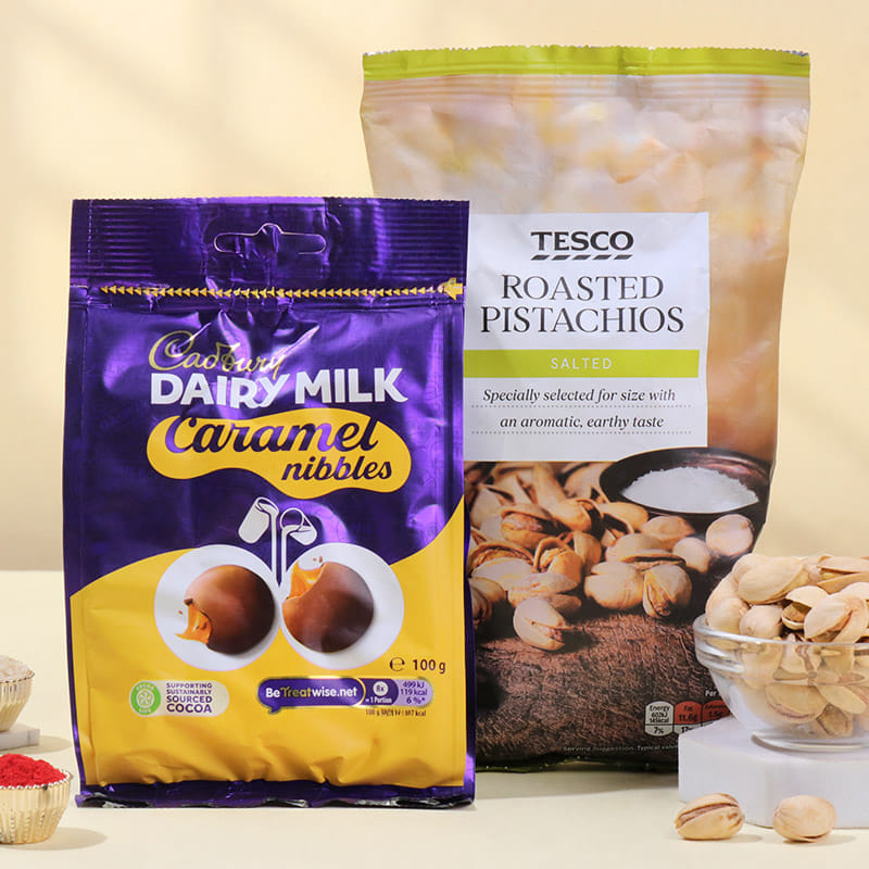 Designer Rakhi With Pistachios N Caramel Nibbles