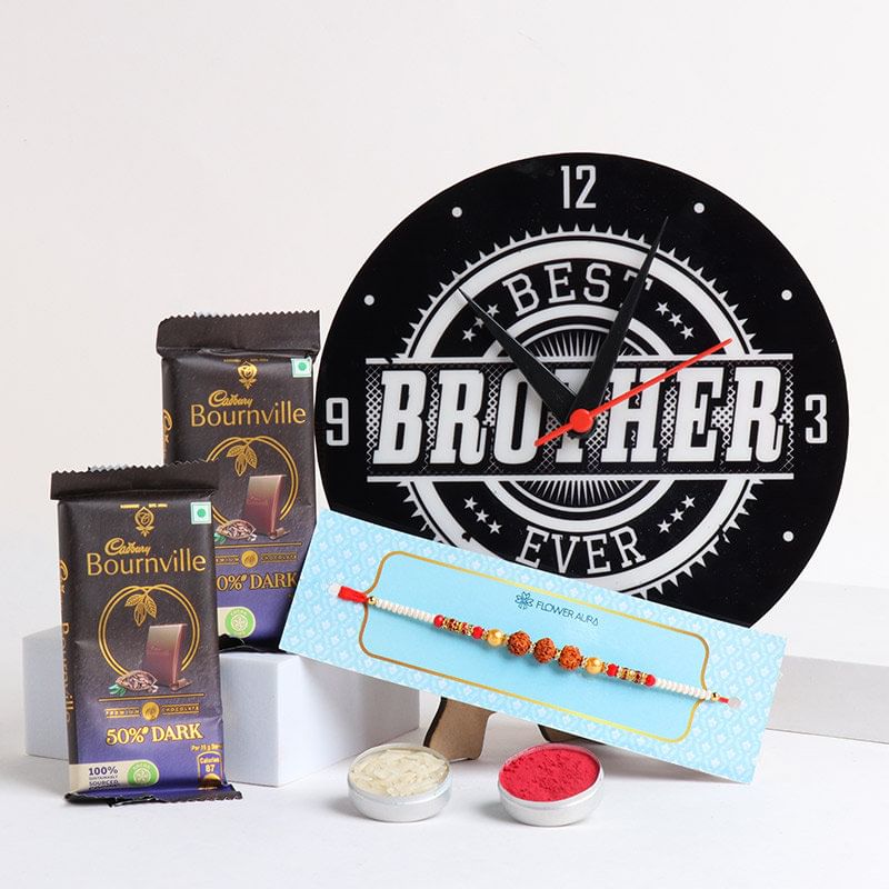 Designer Rakhi With Chocolates N Printed Table Clock (Personalised Rakhi)