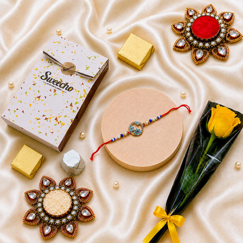 Designer Rakhi With Yellow Rose N Chocolates