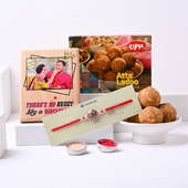 Designer Red Rakhi Combo With Wooden Plank N Sweets