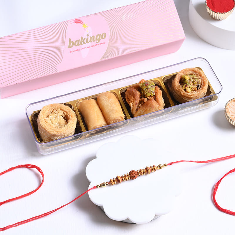 Designer Rudraksha Rakhi With Fusion Sweets