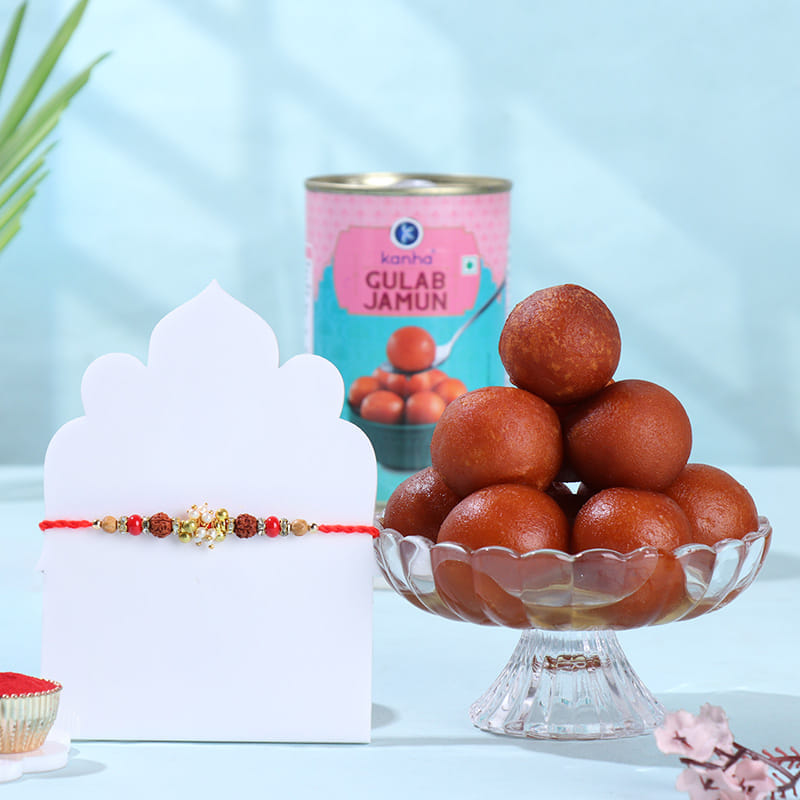 Designer Rudraksha Rakhi With Gulab Jamun