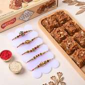 Set of 5 Designer Rudraksha Rakhis N Kaju Dhoda Burfi