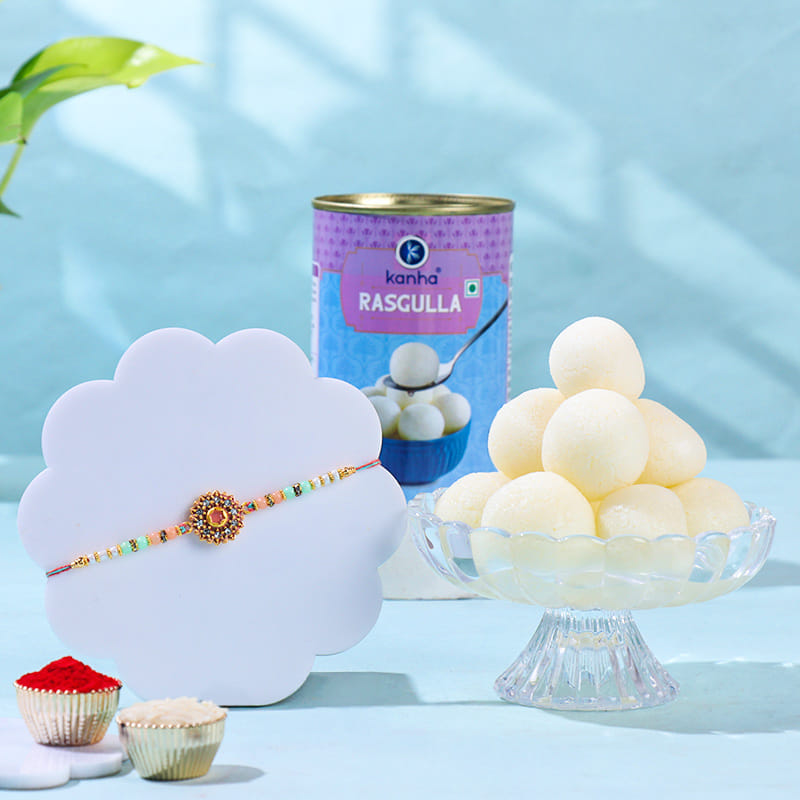 Designer Stone Rakhi With Rasgullas