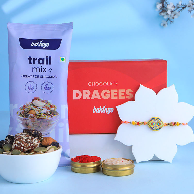 Designer Stone Rakhi With Trail Mix N Dragees