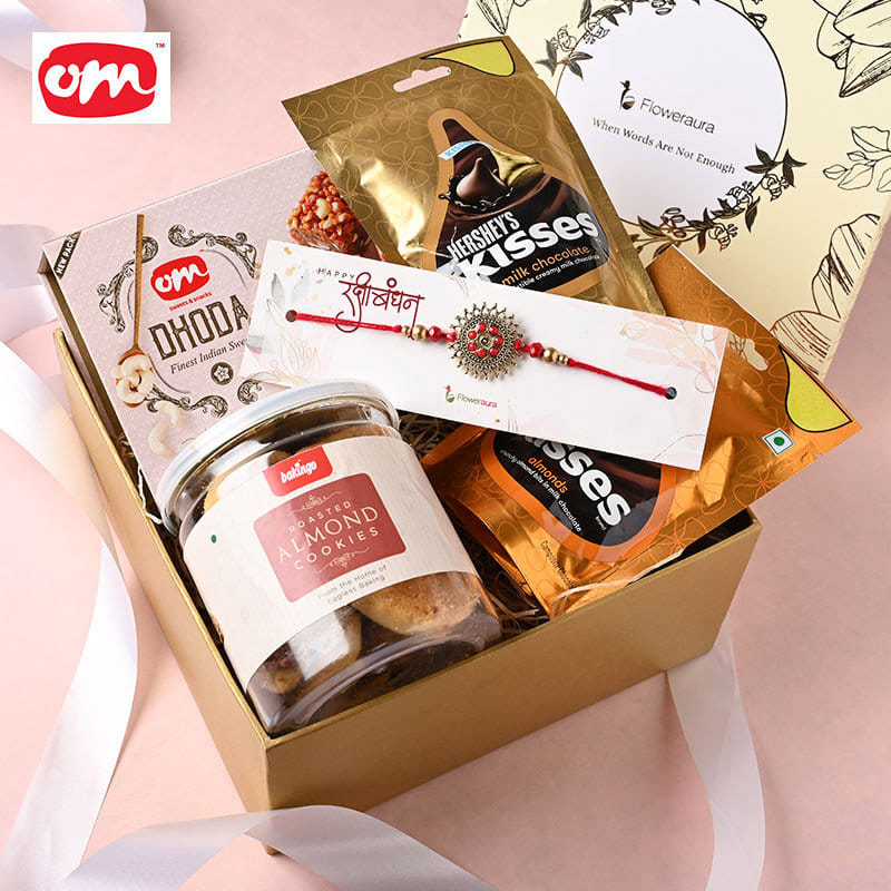 Send Dhoda Cookies N Chocolates With Red Metal Rakhi for Brother Online