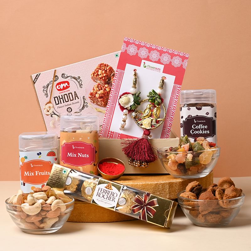 Order Rakhi For Bhaiya bhabhi Online With Chocolates, Dry Fruits, Sweets Combo - Lumba Rakhi