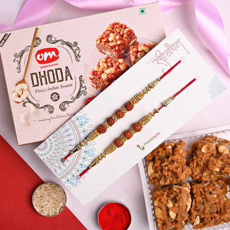 Buy Set of 2 rakhi online for Brother - Dhoda Sweet With Rudraksh Beads Rakhi