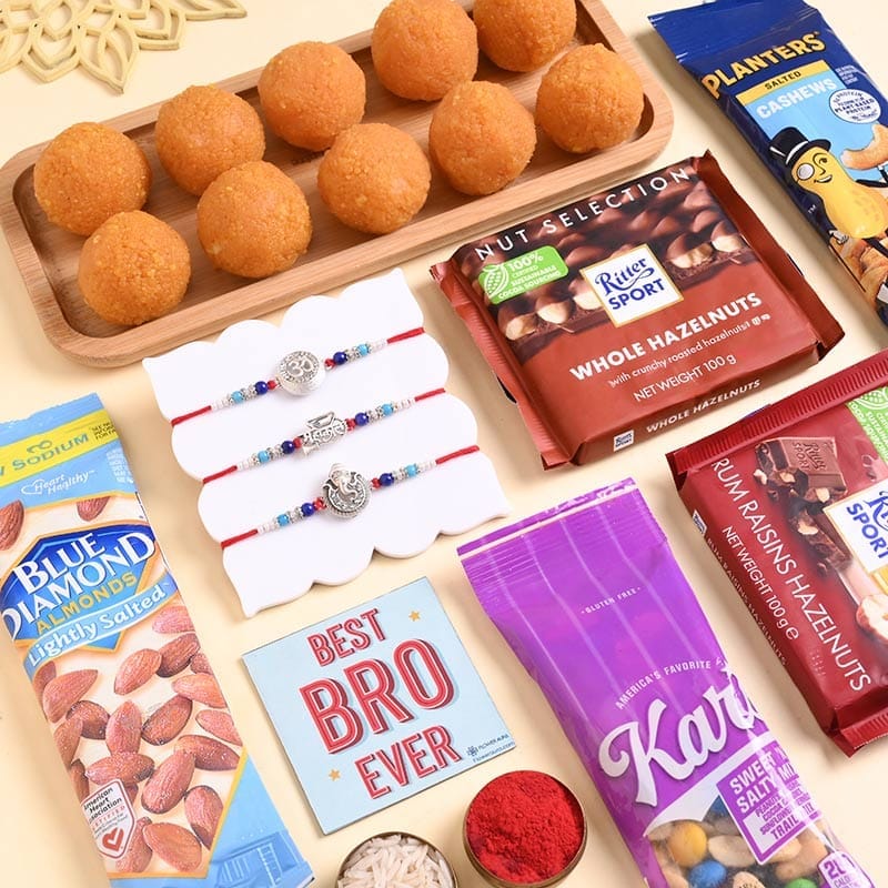 Three Sacred Rakhis With Sweet N Savoury Treats