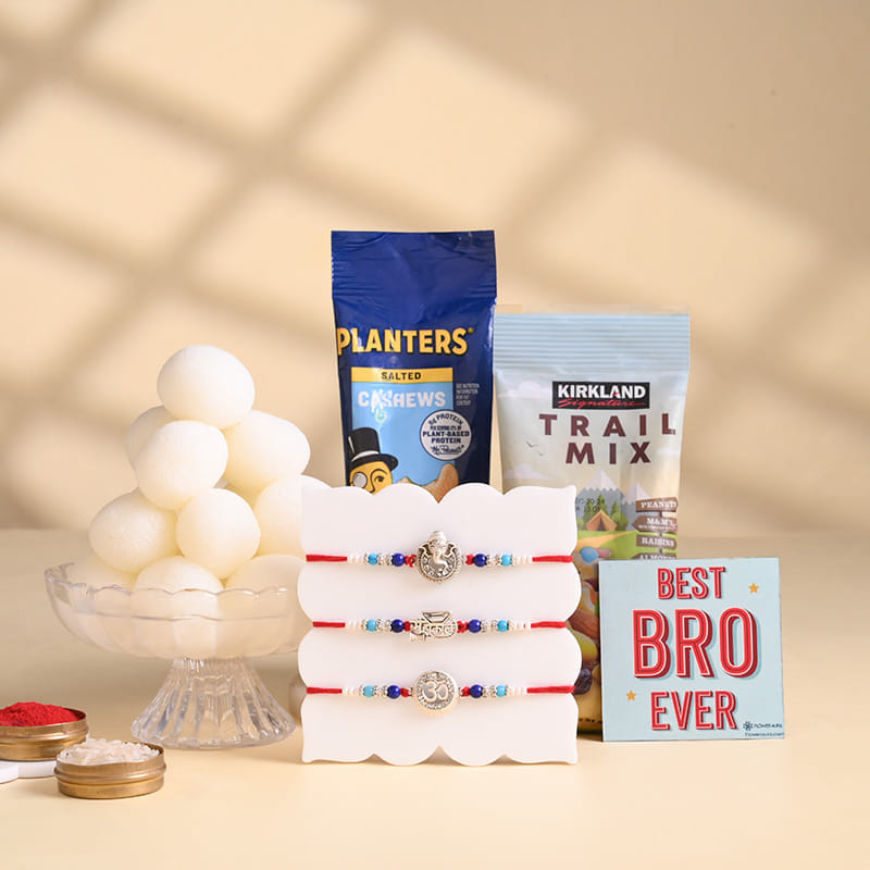 Three Sacred Rakhis With Rasgullas N Nuts