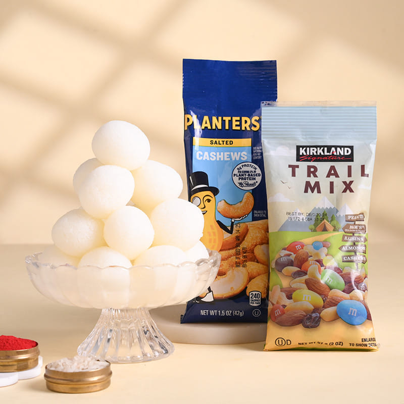Three Sacred Rakhis With Rasgullas N Nuts