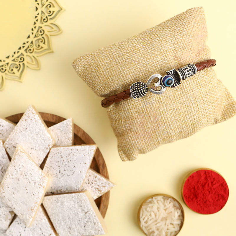 Divine Evil Eye Bracelet Rakhi With Kaju Katli