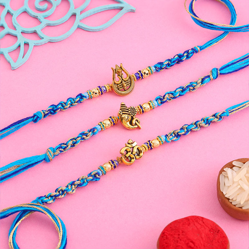 Divine Figures Trio Rakhi Set In Blue