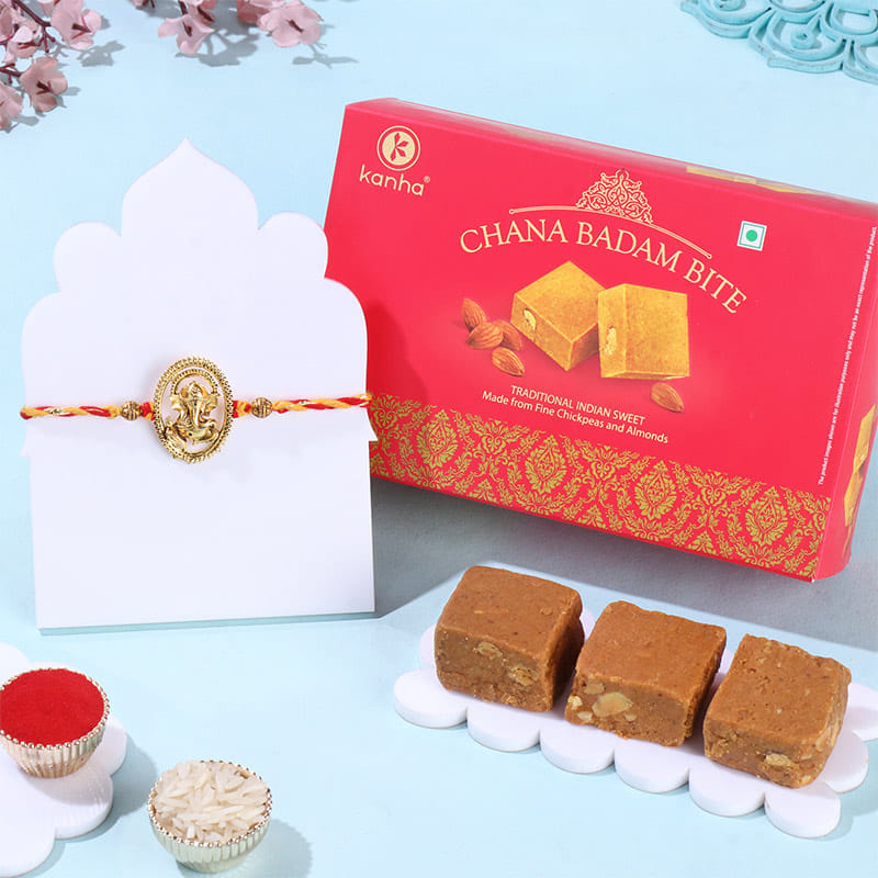 Divine Ganesha Rakhi With Chana Badam Bite