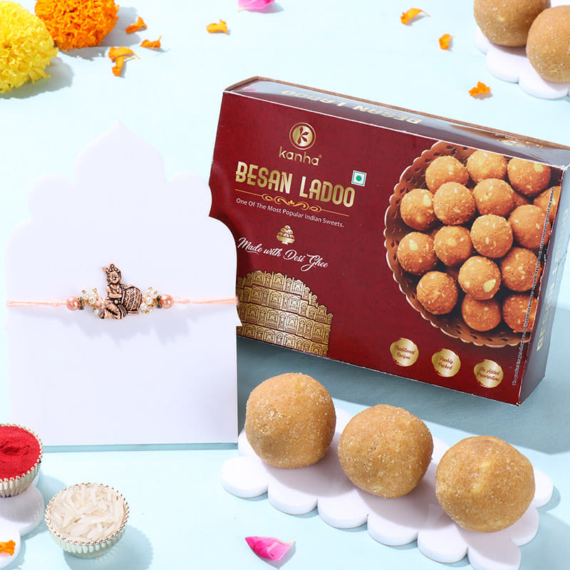 Divine Lord Krishna Rakhi With Besan Ladoos