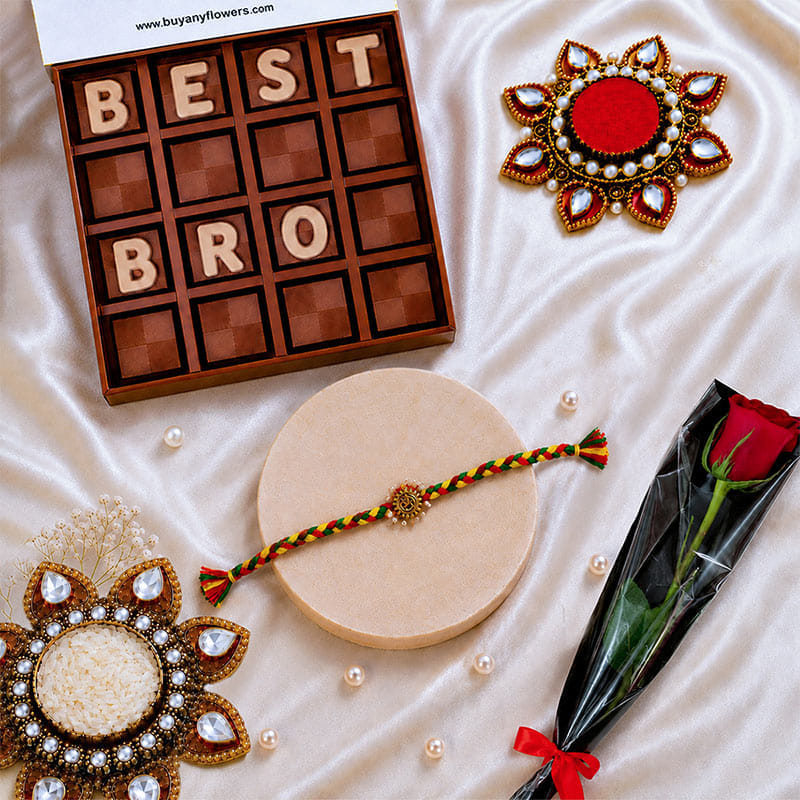 Divine Om Rakhi With Best Bro Chocolates N Red Rose