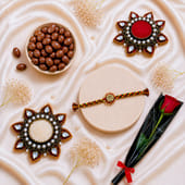 Divine Om Rakhi With Choco Almonds N Rose