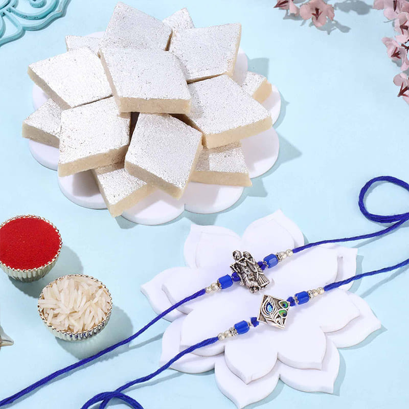 Divine Radha N Krishna Rakhi With Kaju Katli
