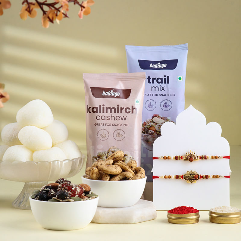 Divine Rakhi Duo With Snacks Hamper Rasgulla 500 Gm