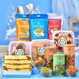 Divine Rakhi Trio N Festive Munchies Hamper