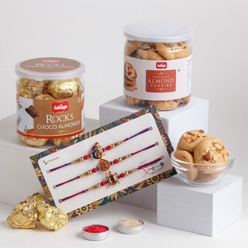 Divine Rakhi Trio With Choco Rocks N Cookie