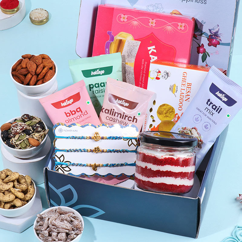 Divine Rakhi Trio With Sweets N Gourmet Delights-Singapore