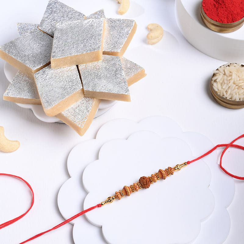 Divine Rudraksha Rakhi And Kaju Katli