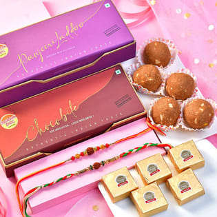 Divine Rudraksha Rakhi Duo N Sweet Treats Hamper