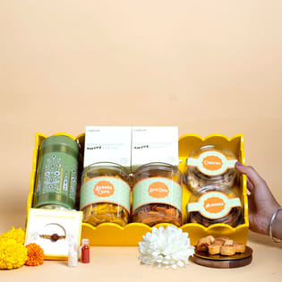 Divine Rudraksha Rakhi N Gourmet Crunch Hamper