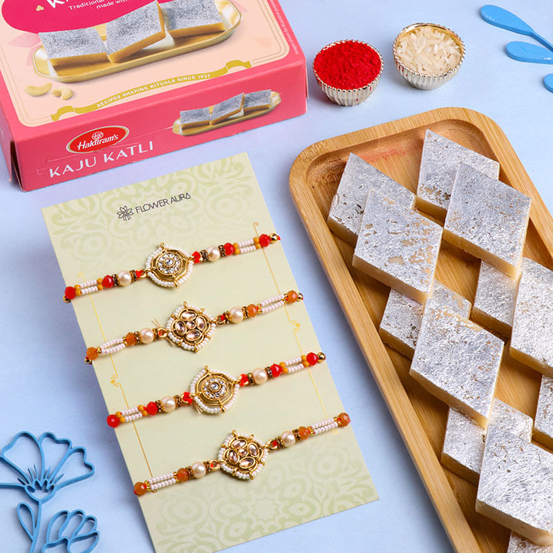 Divine Set Of Four Rakhi With Kaju Katli