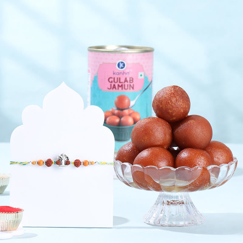 Divine Shivling Rudraksha Rakhi With Gulab Jamun
