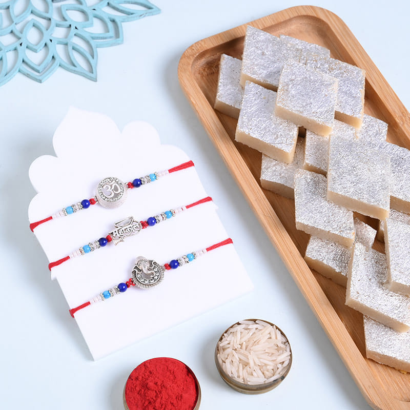 Divine Silver Rakhi Trio With Kaju Katli