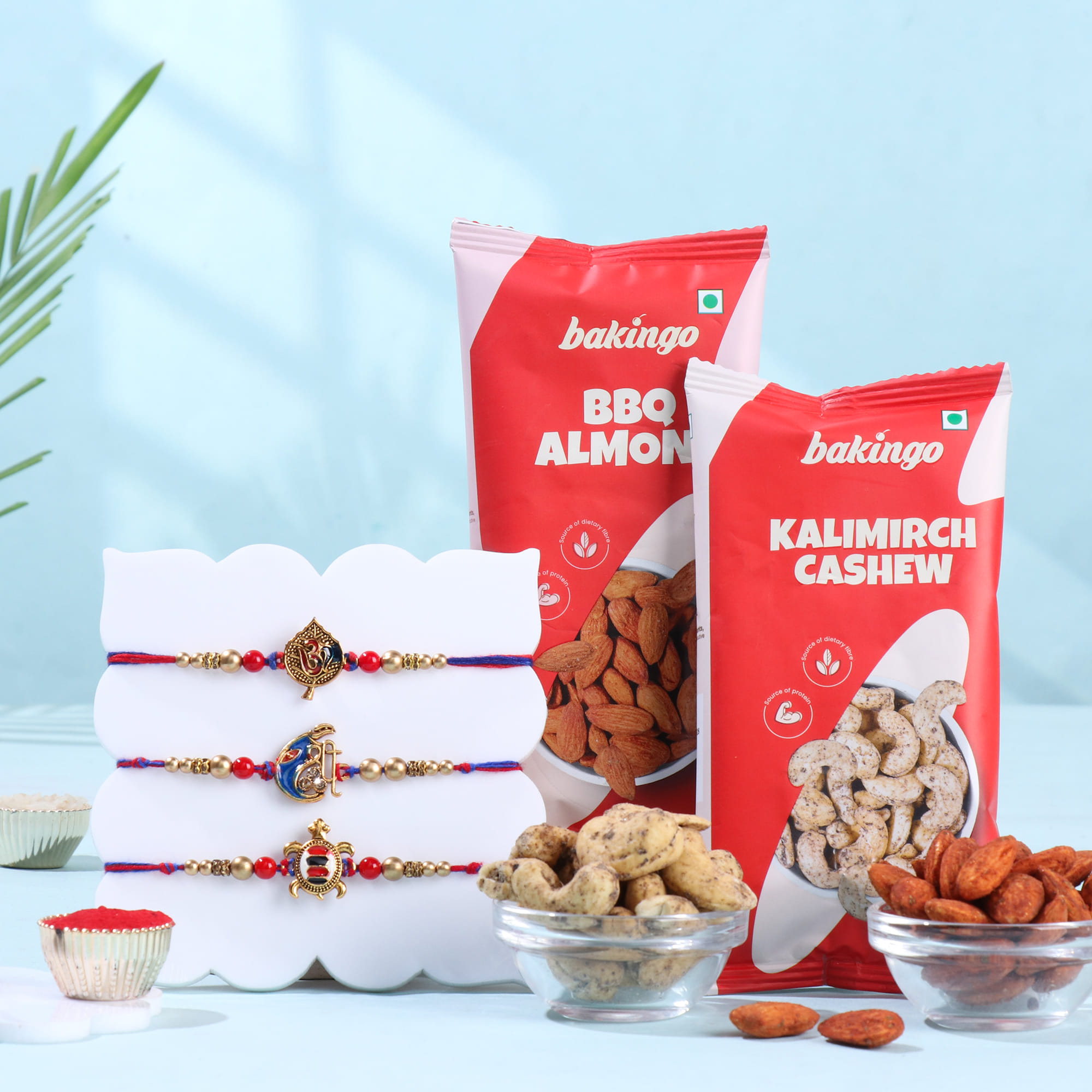 Divine Stone Rakhi Trio With Savoury Treats