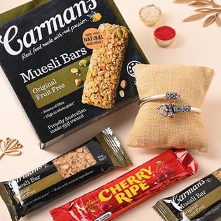 Divine Trishul Rakhi With 6 Muesli Bars and Chocolate