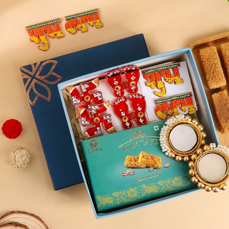 Diwali Sweet Box with Diyas, Swastik & Charan Paduka