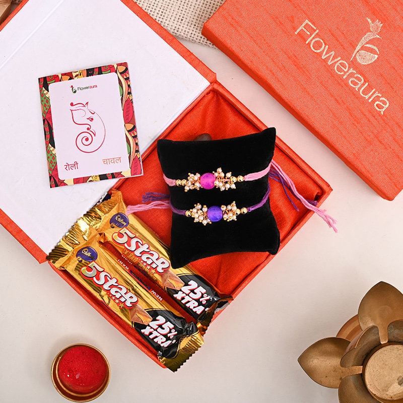 2 Designer Rakhi With Floweraura Box - Double Rakhi Choc Premium Box